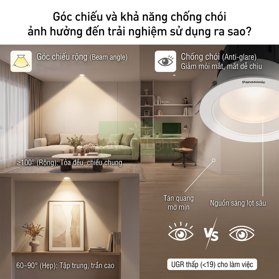 Đèn downlight âm trần Panasonic chống chói, góc chiếu rộng và hẹp cho phòng khách và góc làm việc