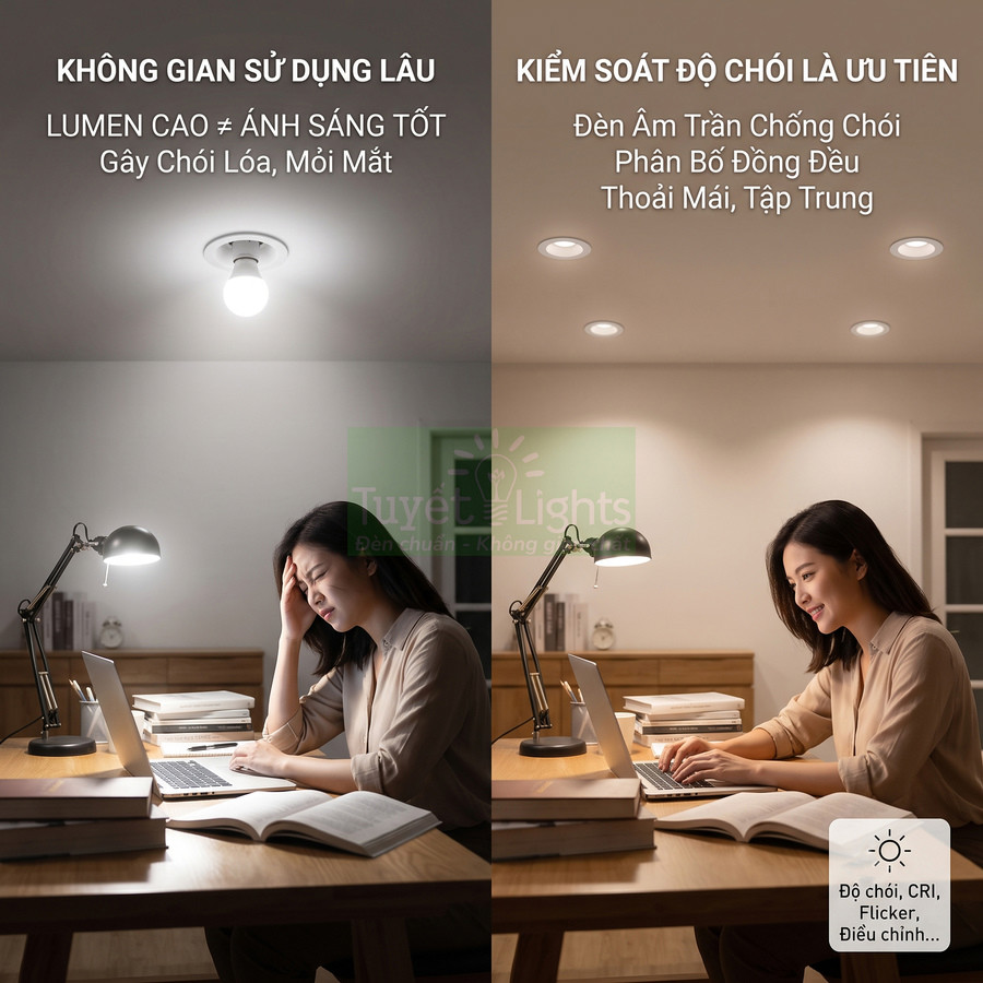 So sánh đèn trần thường gây chói với đèn âm trần chống chói Tuyết Lights cho bàn làm việc, giúp mắt thoải mái hơn