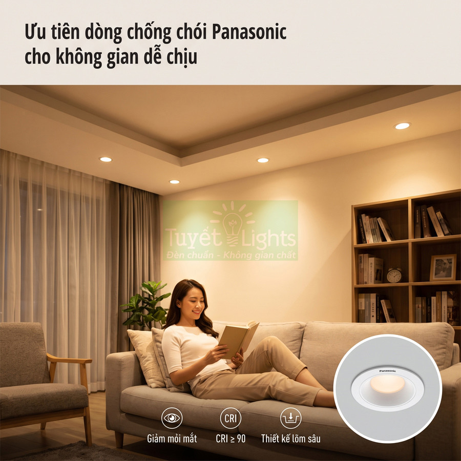 Đèn downlight chống chói Panasonic lắp trần phòng khách, ánh sáng ấm dịu cho không gian thư giãn