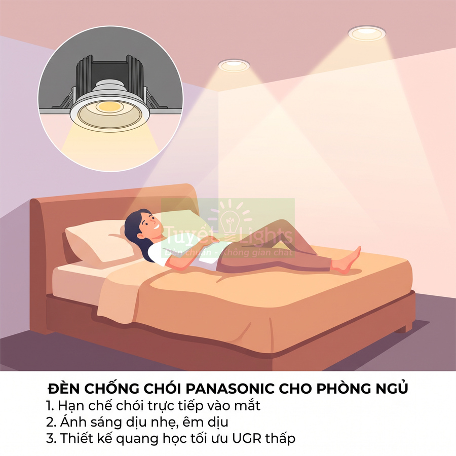Đèn âm trần chống chói Panasonic chiếu sáng dịu nhẹ cho phòng ngủ có người nằm đọc sách