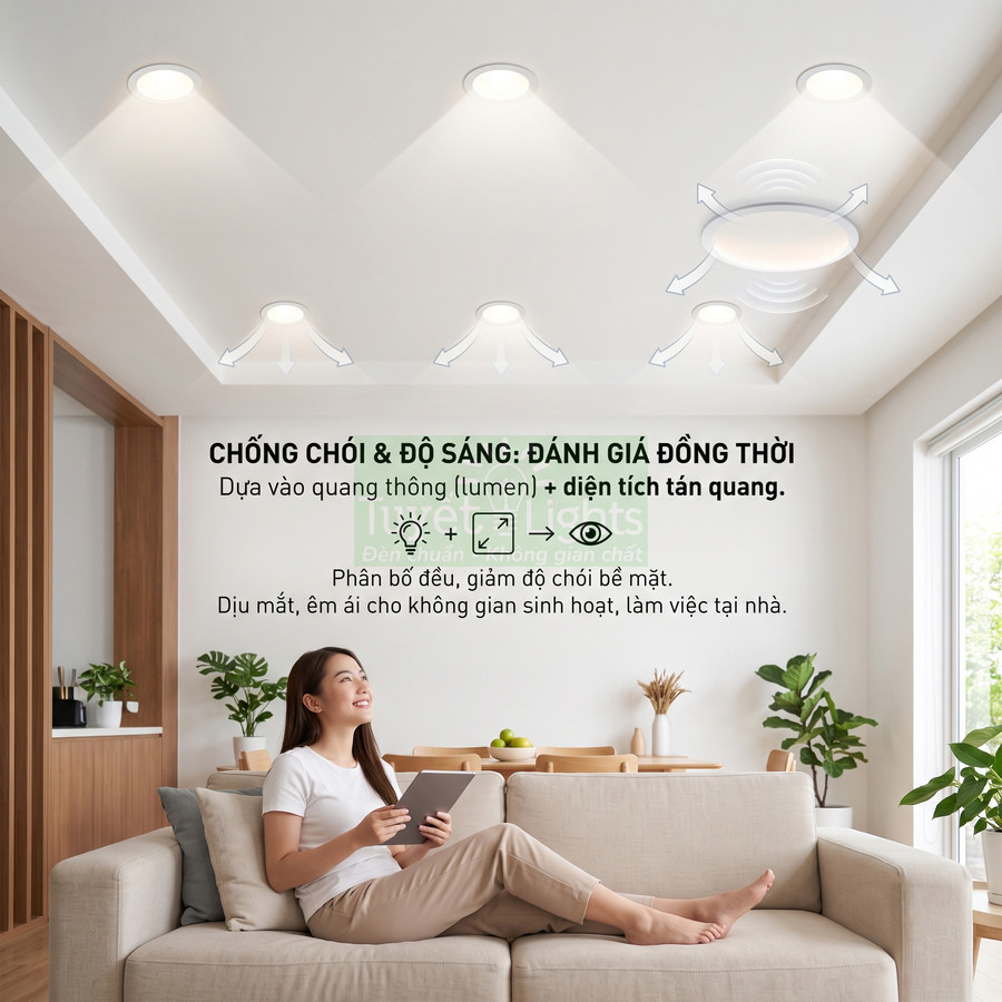 Đèn LED âm trần chống chói chiếu sáng phòng khách hiện đại, ánh sáng dịu mắt cho không gian sinh hoạt