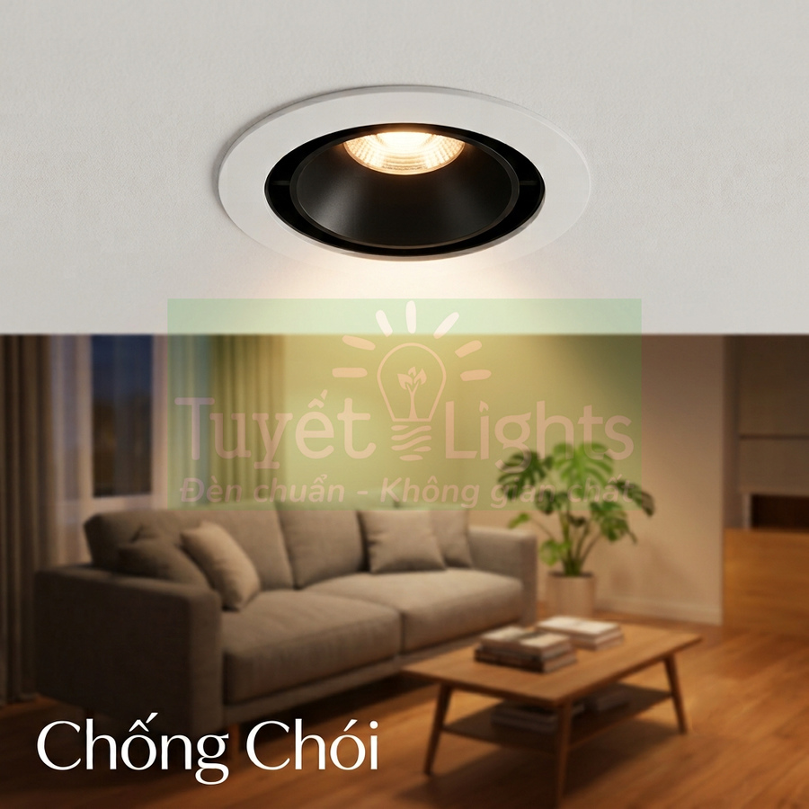 Đèn âm trần chống chói Tuyết Lights chiếu sáng phòng khách hiện đại với sofa và bàn gỗ