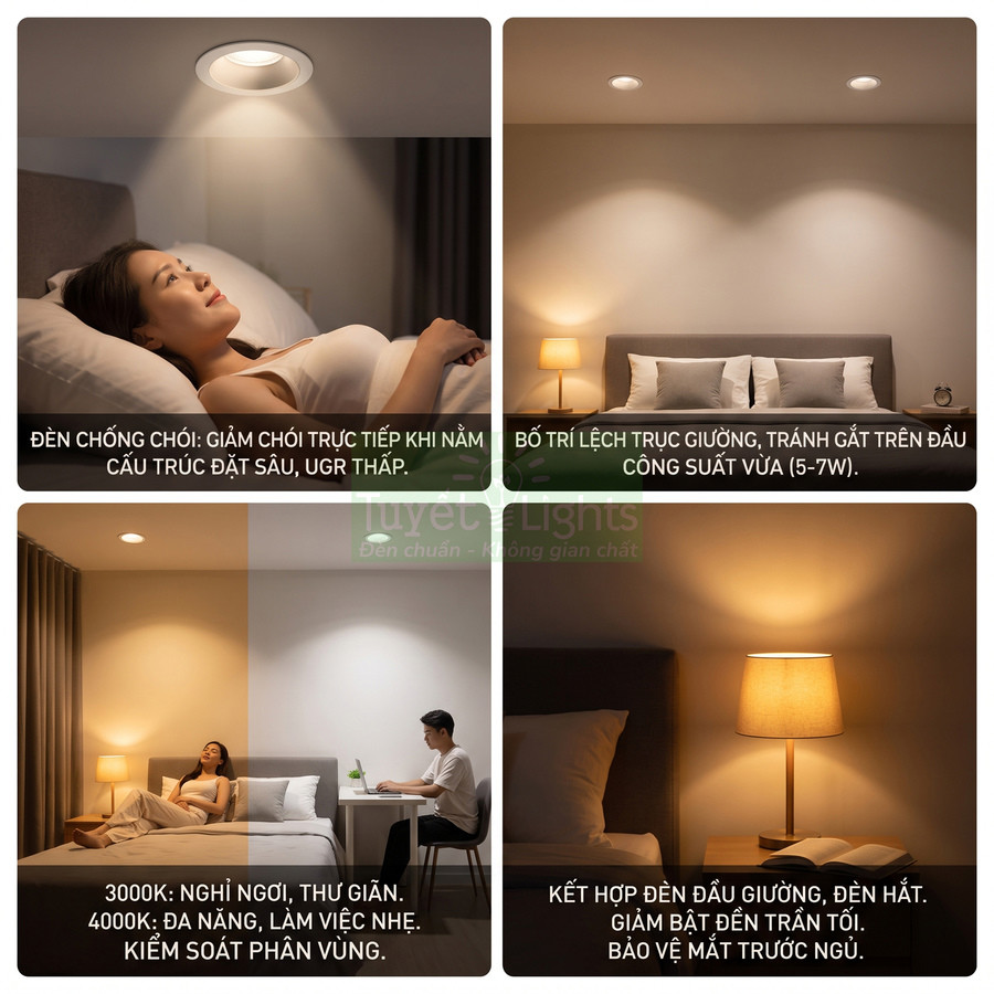 Đèn âm trần chống chói và đèn ngủ đầu giường trong phòng ngủ hiện đại, ánh sáng vàng và trung tính cho thư giãn, đọc sách