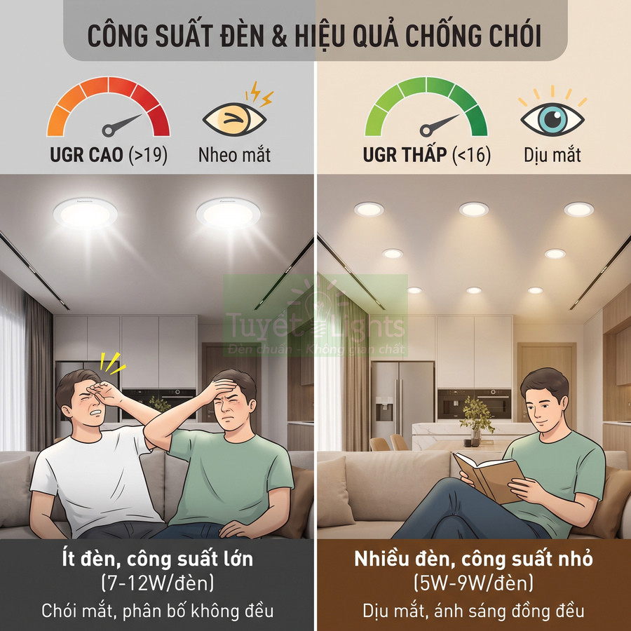 So sánh đèn âm trần công suất lớn gây chói mắt và nhiều đèn âm trần công suất nhỏ dịu mắt, ánh sáng đều