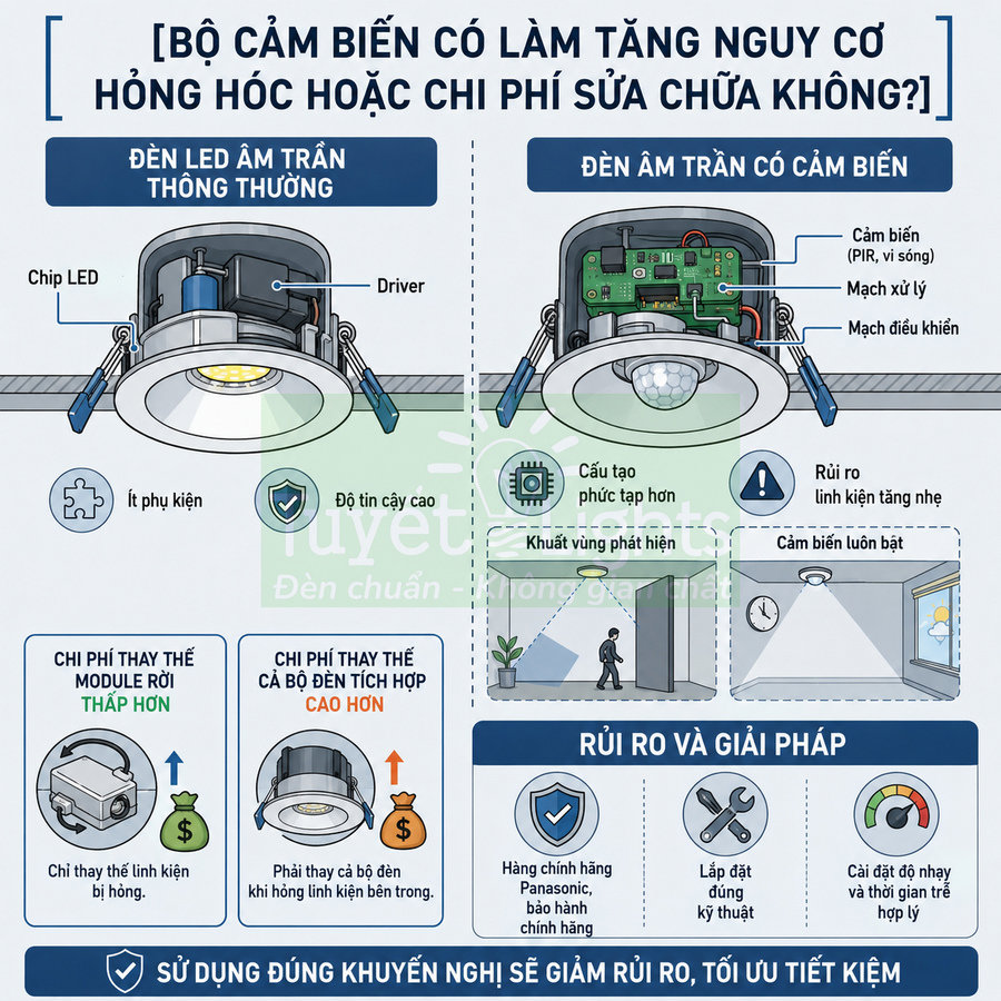 Infographic so sánh đèn LED âm trần thường và đèn âm trần cảm biến, phân tích rủi ro hỏng hóc và chi phí sửa chữa