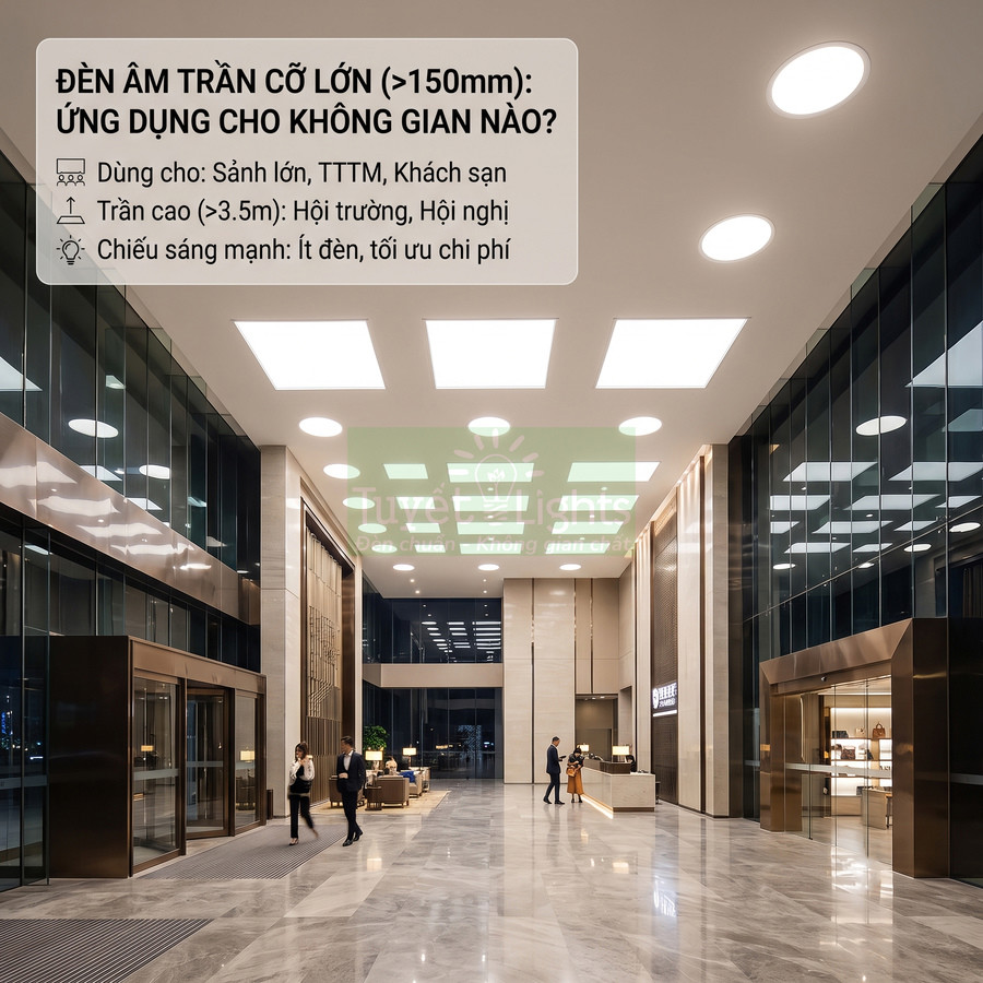 Đèn âm trần cỡ lớn chiếu sáng sảnh tòa nhà hiện đại trần cao, không gian rộng sang trọng