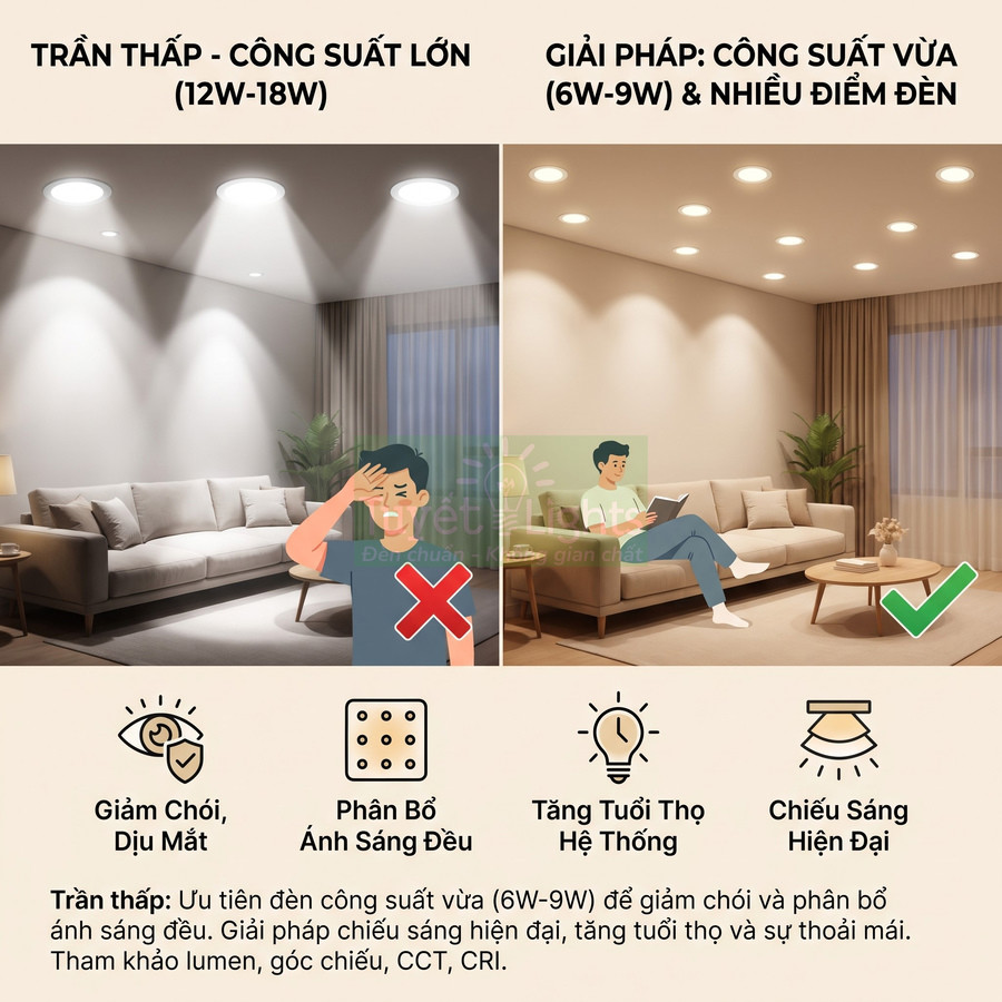 So sánh đèn âm trần công suất lớn và đèn âm trần công suất vừa nhiều điểm cho phòng khách trần thấp