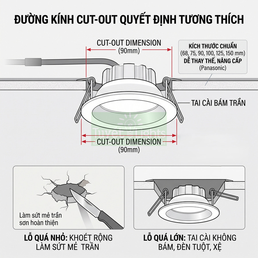 Hướng dẫn chọn đường kính lỗ khoét trần 90mm cho đèn LED âm trần tròn có tai cài bám trần