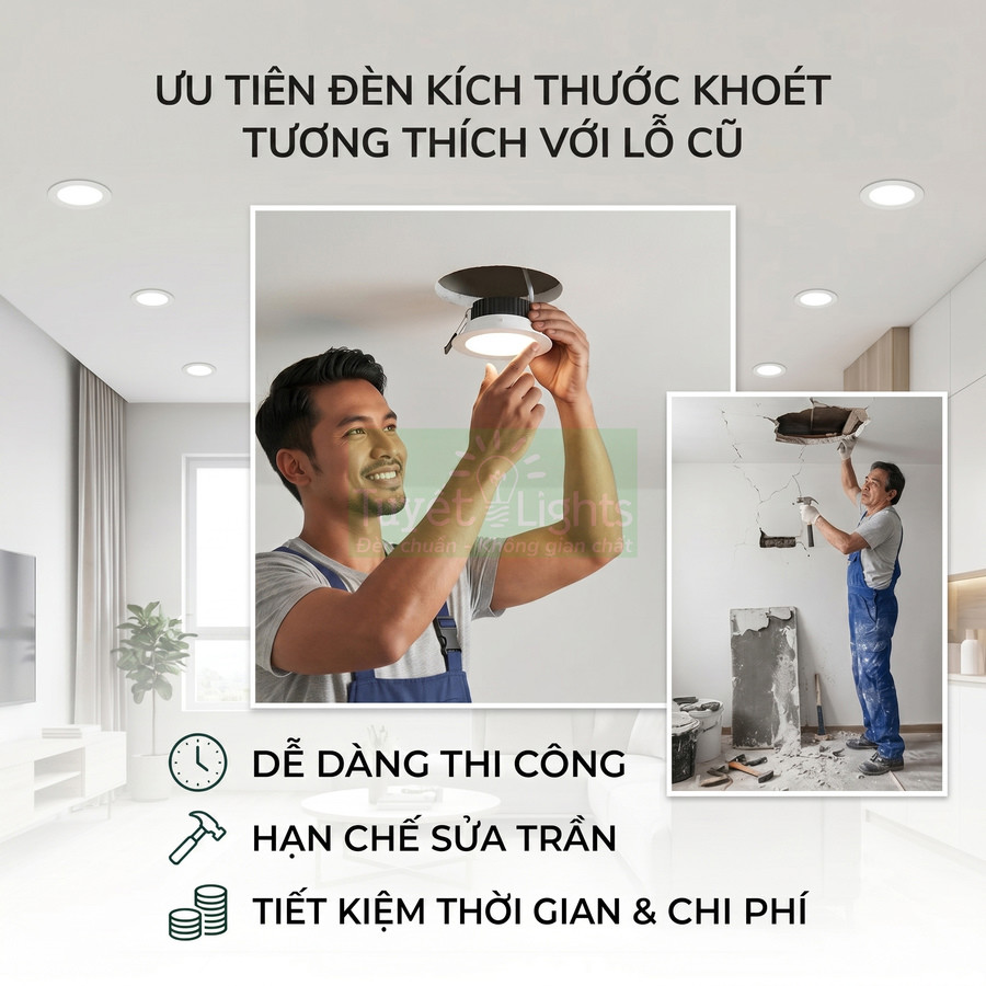 Thợ điện lắp đặt đèn âm trần LED kích thước phù hợp lỗ khoét cũ, dễ thi công và tiết kiệm chi phí