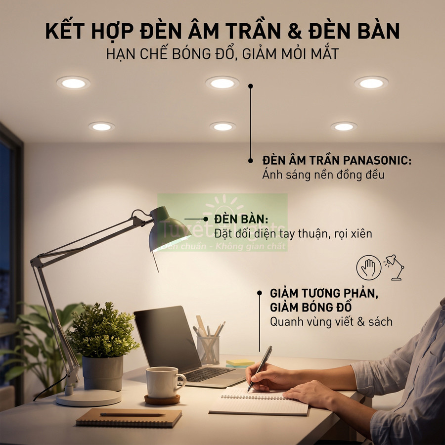 Bàn làm việc với đèn âm trần Panasonic và đèn bàn chiếu sáng, laptop, cây xanh và người đang viết sổ
