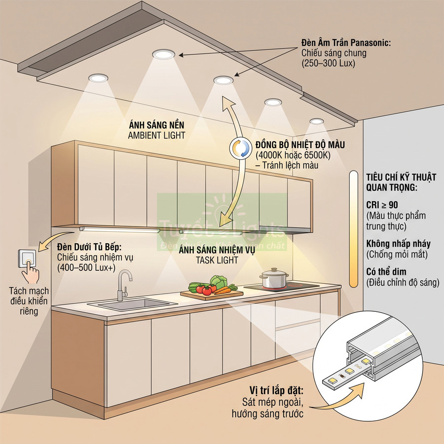 Đèn LED âm trần Panasonic và đèn LED dưới tủ bếp chiếu sáng khu vực bếp hiện đại