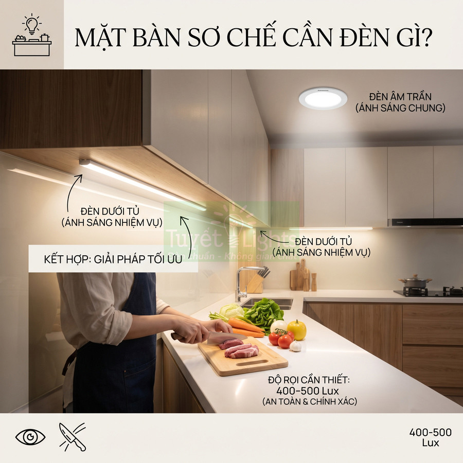 Đèn LED dưới tủ và đèn âm trần chiếu sáng mặt bàn bếp khi người nội trợ sơ chế thực phẩm