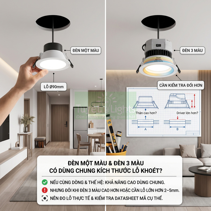 Đèn downlight âm trần một màu và đèn 3 màu lắp trần nhà, so sánh kích thước lỗ khoét 90mm