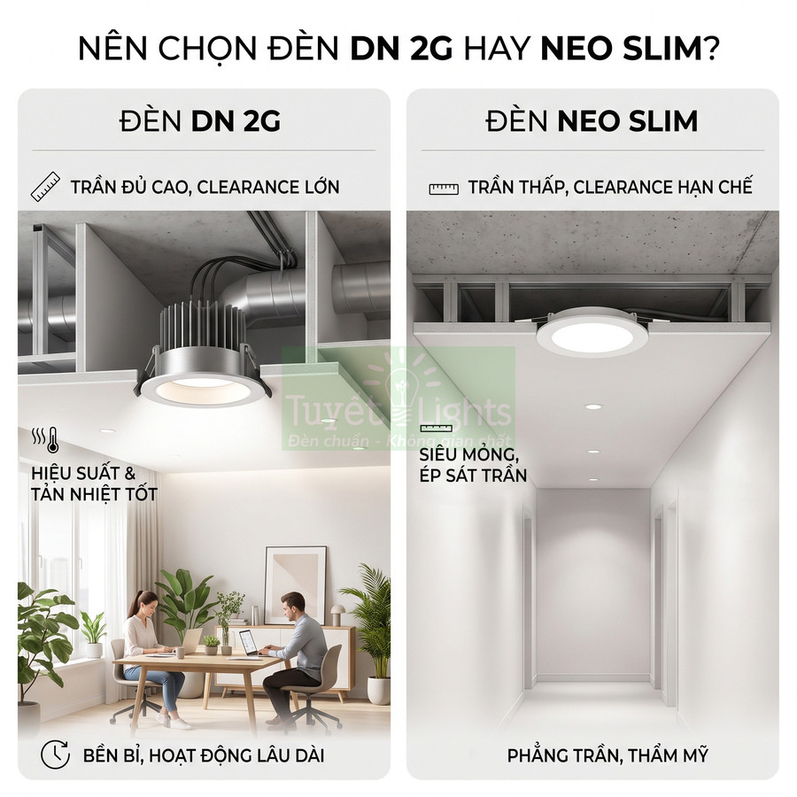 So sánh đèn âm trần DN 2G và đèn NEO SLIM siêu mỏng của Tuyết Lights cho trần cao và trần thấp