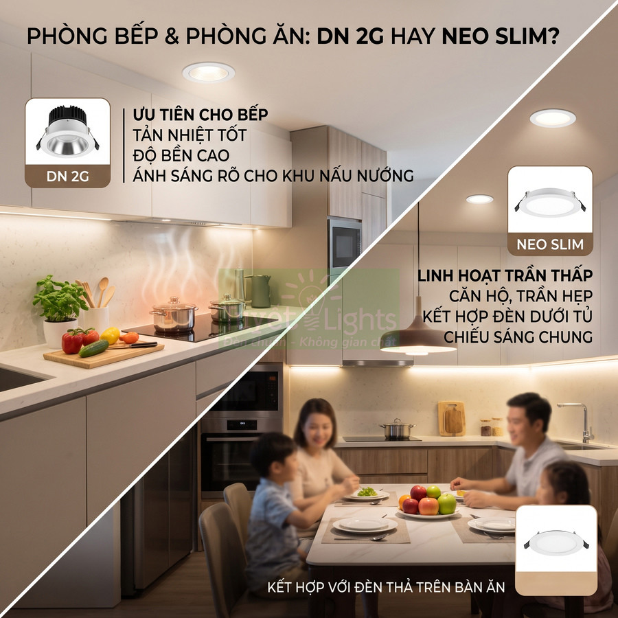 Đèn âm trần DN 2G và Neo Slim chiếu sáng phòng bếp và phòng ăn hiện đại, gia đình quây quần bên bàn ăn