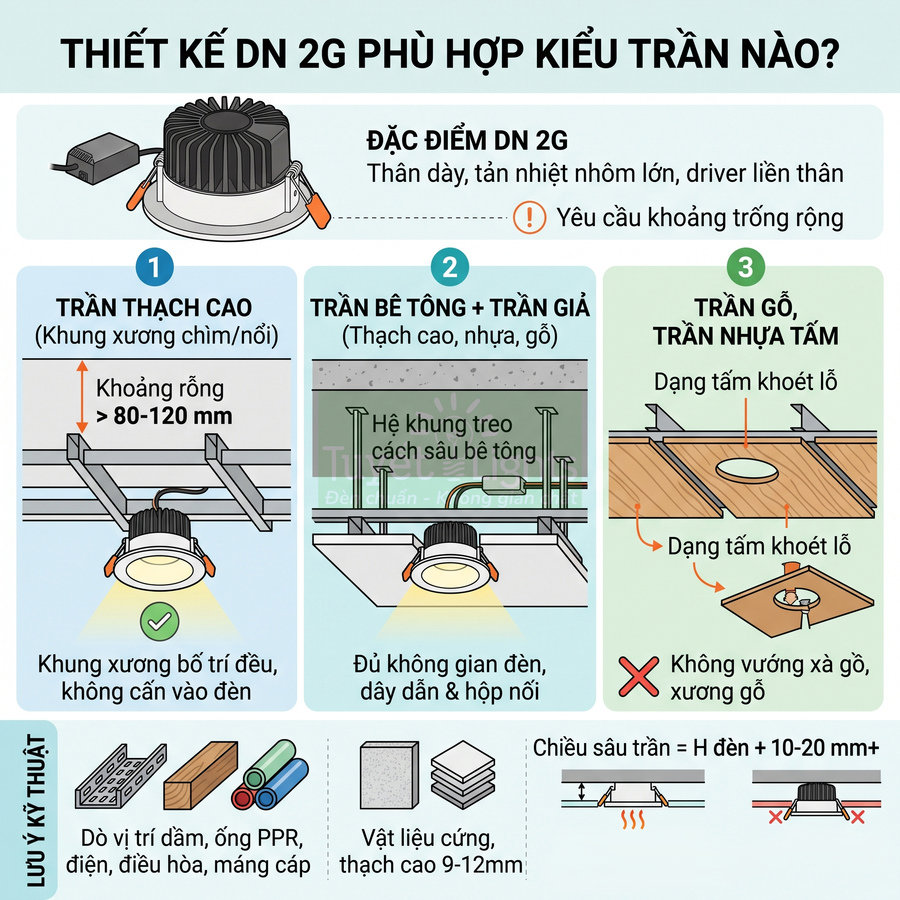 Hướng dẫn lắp đặt đèn âm trần DN 2G cho trần thạch cao, trần bê tông và trần gỗ, trần nhựa tấm