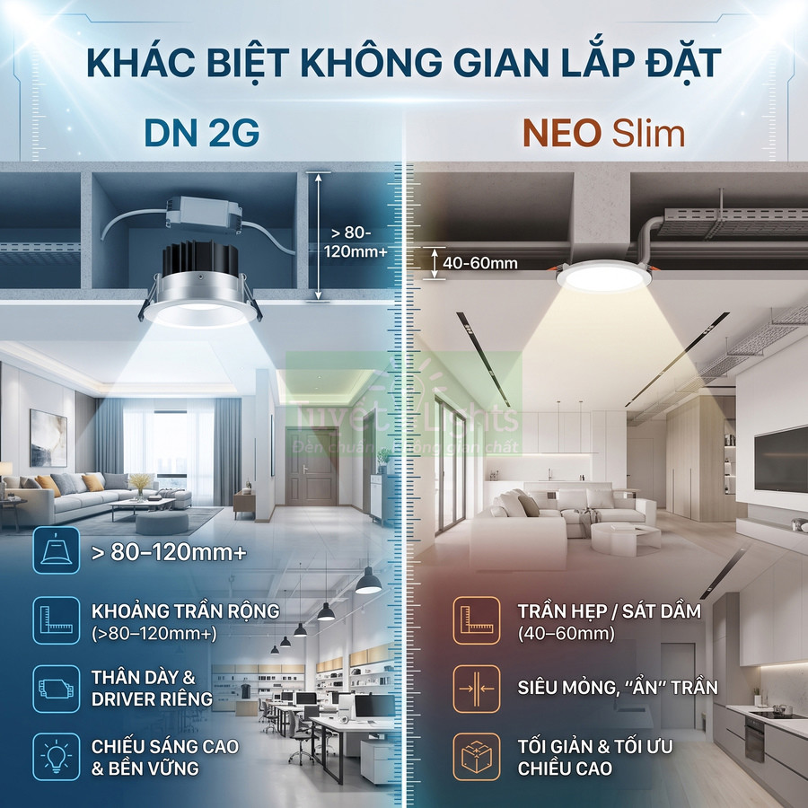 So sánh đèn downlight DN 2G thân dày và đèn âm trần NEO Slim siêu mỏng cho trần nhà hẹp