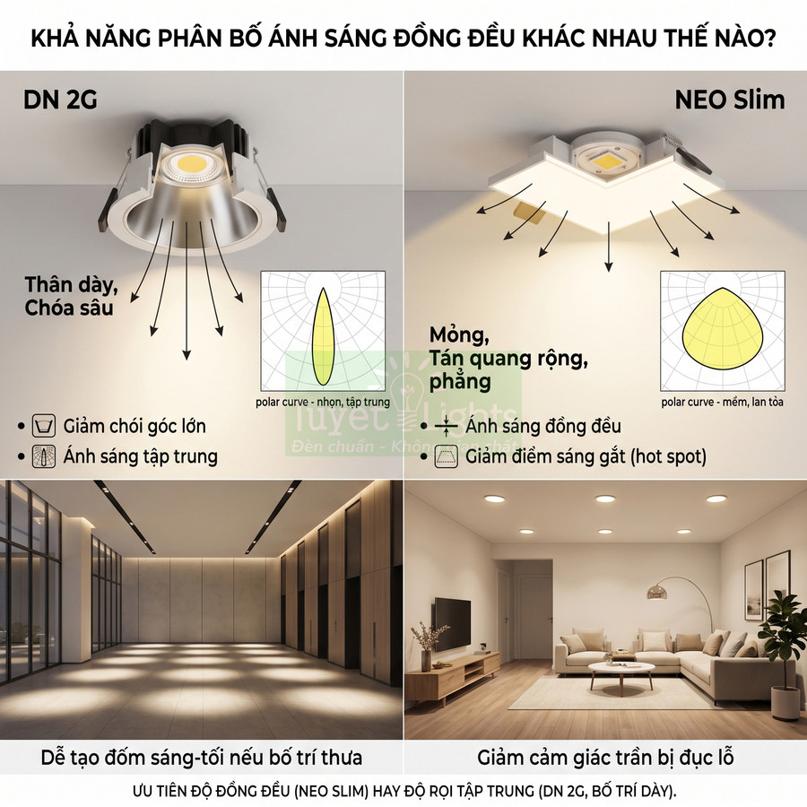 So sánh đèn âm trần DN 2G thân dày chóa sâu và đèn NEO Slim mỏng tán quang rộng trong chiếu sáng phòng khách