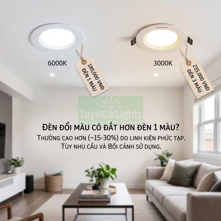 So sánh đèn âm trần Panasonic 3000K và đèn âm trần 6000K trong phòng khách hiện đại
