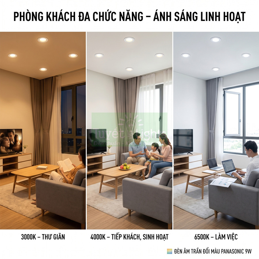 Đèn âm trần đổi màu Panasonic 9W chiếu sáng phòng khách với ba chế độ 3000K 4000K 6500K