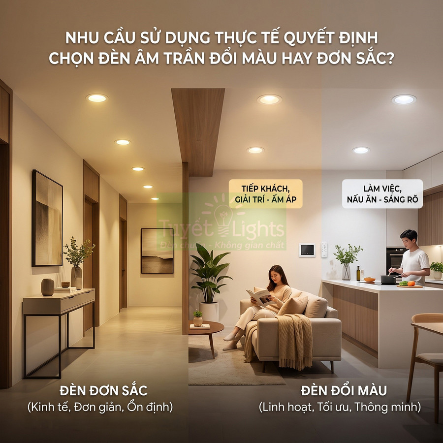 Đèn âm trần Tuyết Lights đơn sắc và đổi màu lắp trong phòng khách và bếp, minh họa các nhu cầu chiếu sáng khác nhau