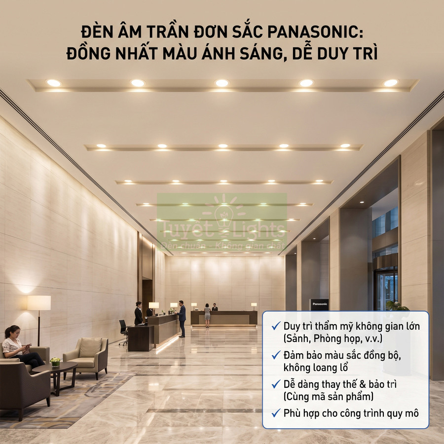 Đèn âm trần đơn sắc Panasonic chiếu sáng sảnh lớn hiện đại với ánh sáng đồng đều, sang trọng