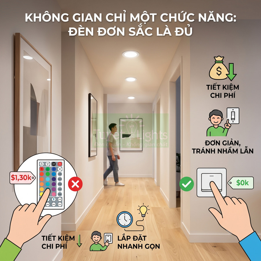 Đèn âm trần đơn sắc chiếu sáng hành lang hiện đại, tiết kiệm chi phí và dễ lắp đặt