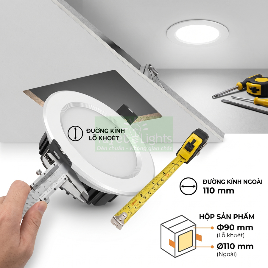 Đèn led âm trần tròn màu trắng kèm thước đo đường kính lỗ khoét và kích thước lắp đặt