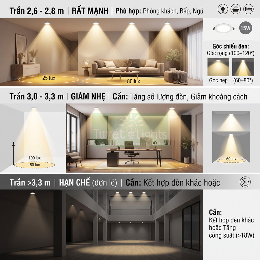 Hình minh họa độ sáng đèn led âm trần 15W cho trần thấp, trung bình và cao trong phòng khách và văn phòng
