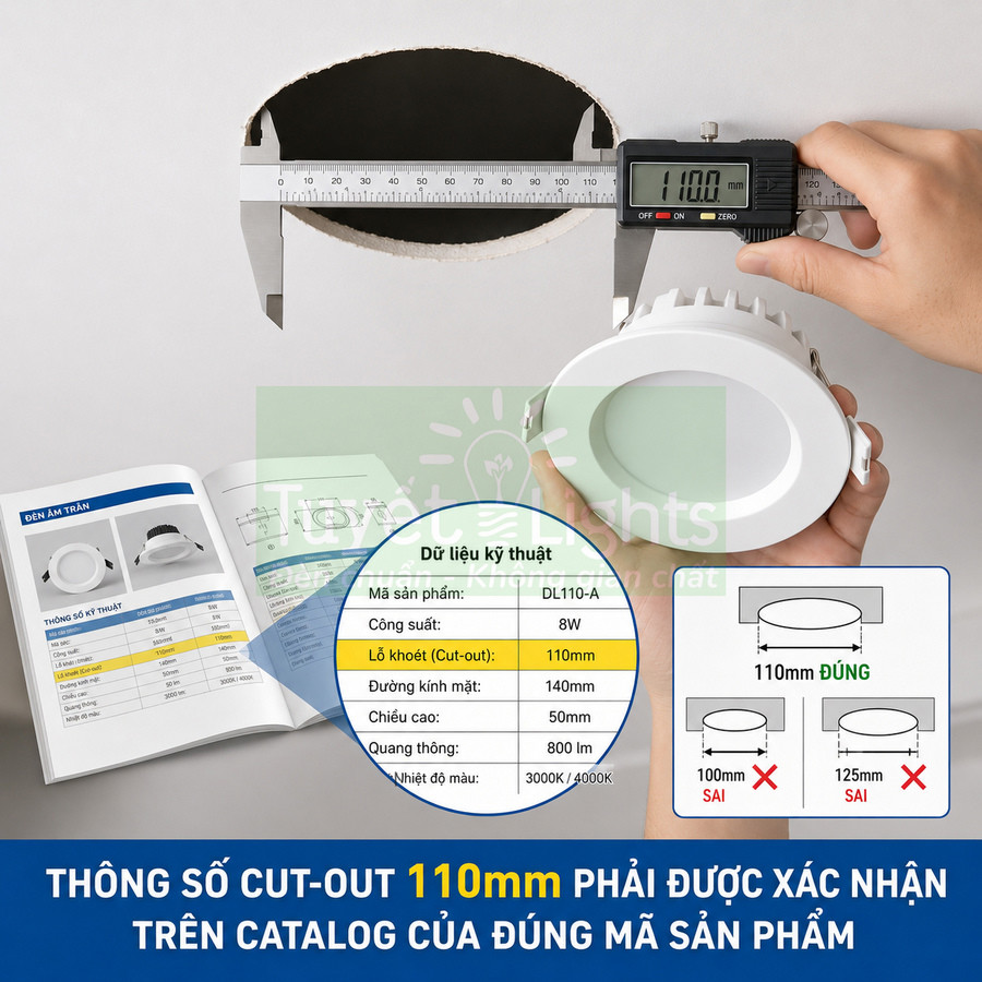 Đèn âm trần LED DL110-A 8W màu trắng, đo lỗ khoét trần 110mm bằng thước kẹp điện tử