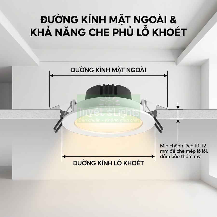 Đèn led âm trần Tuyết Lights màu trắng lắp trên trần, minh họa đường kính mặt ngoài và lỗ khoét