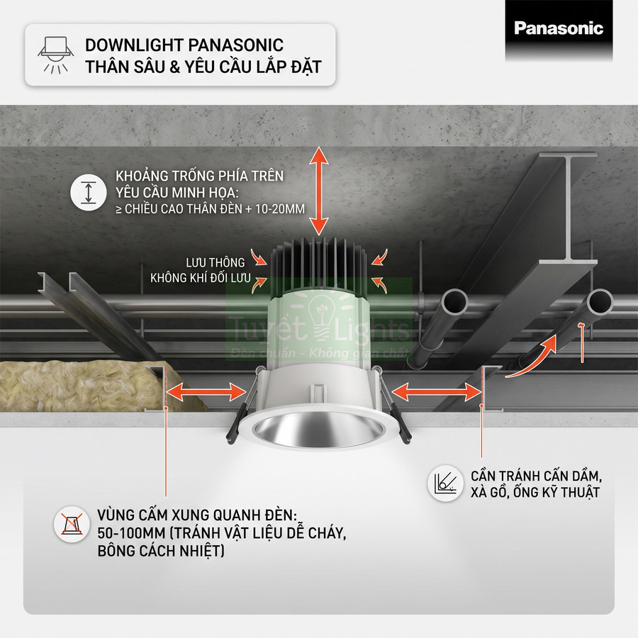 Đèn downlight Panasonic thân sâu và hướng dẫn lắp đặt khoảng cách an toàn trên trần nhà