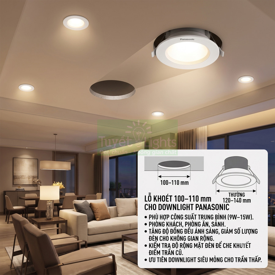 Đèn downlight âm trần Panasonic chiếu sáng phòng khách hiện đại với thông số lỗ khoét 100 110 mm