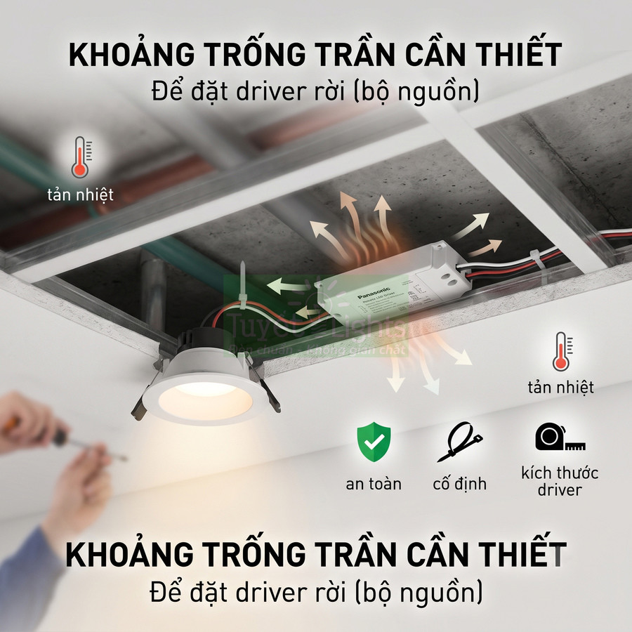Đèn downlight âm trần Panasonic với driver rời đặt trên trần, minh họa khoảng trống tản nhiệt an toàn