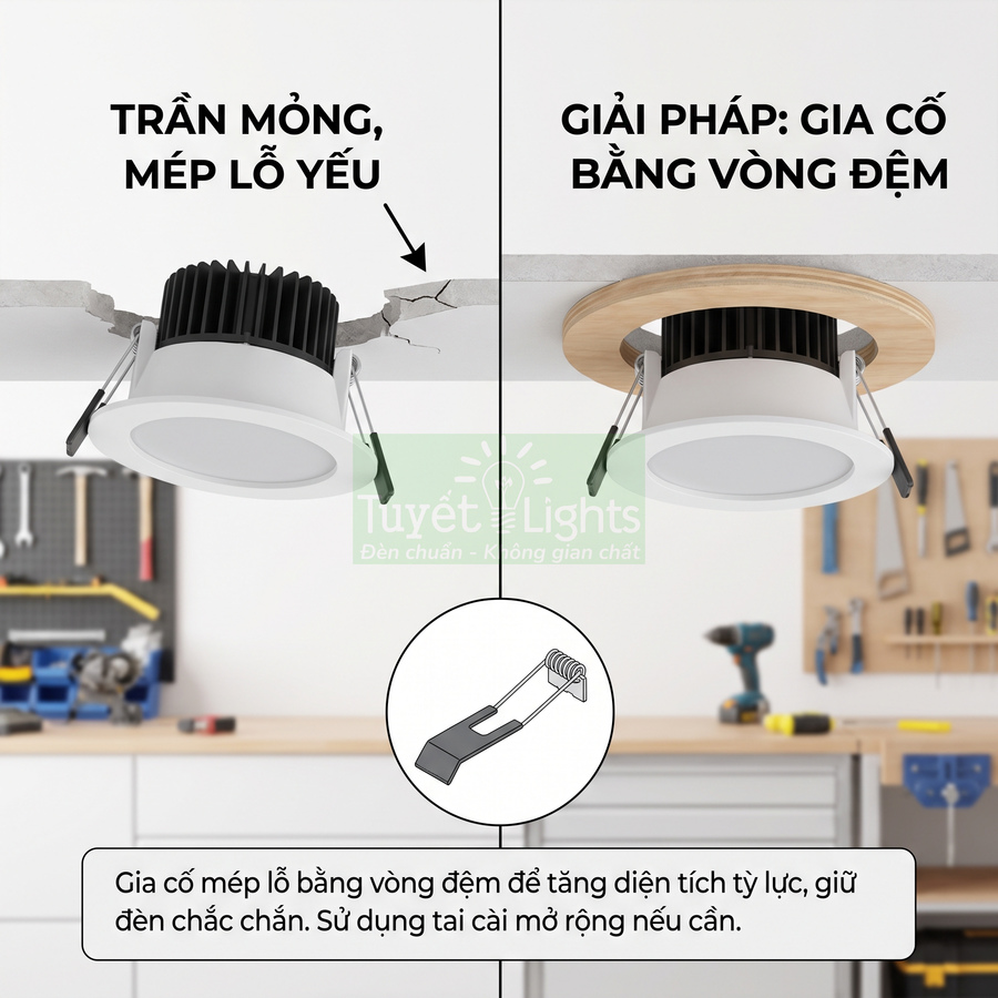 Đèn LED âm trần Tuyết Lights với vòng đệm gia cố trần mỏng giúp lắp đặt chắc chắn, an toàn