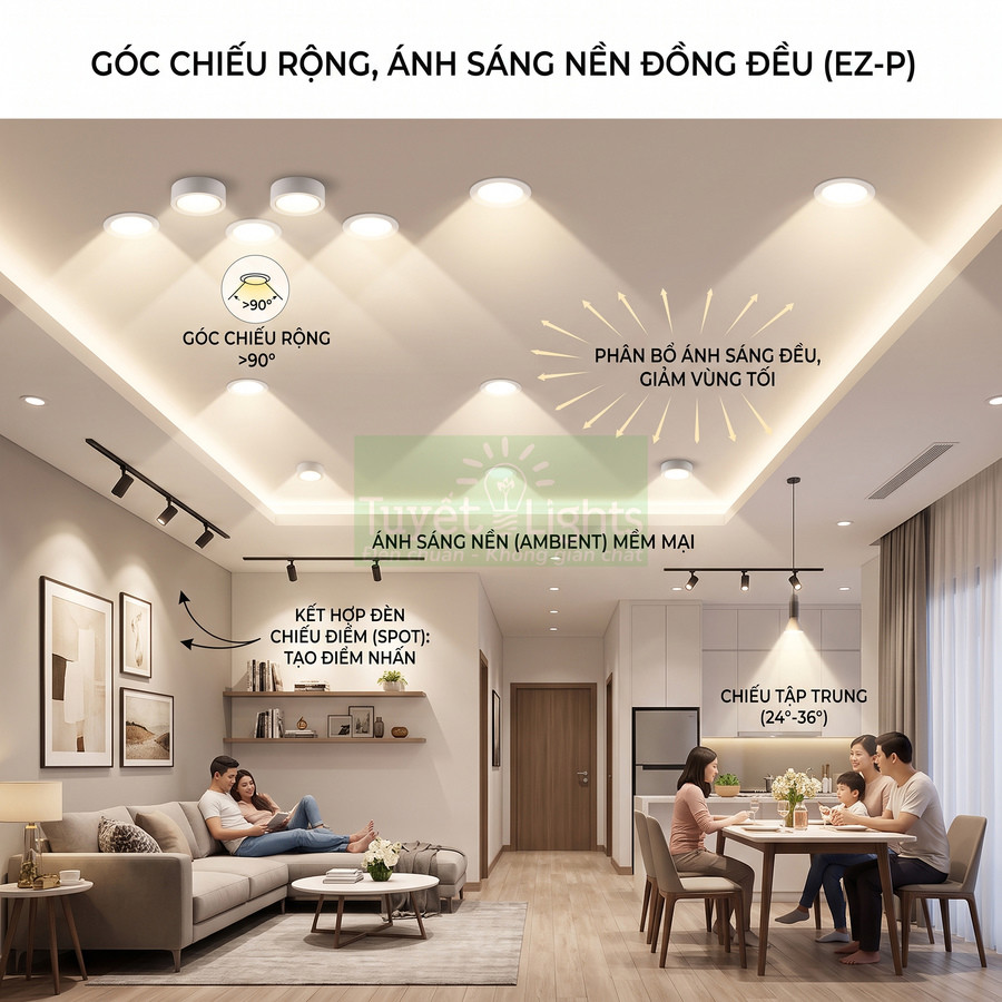 Đèn downlight âm trần góc chiếu rộng chiếu sáng đều phòng khách và phòng ăn căn hộ hiện đại