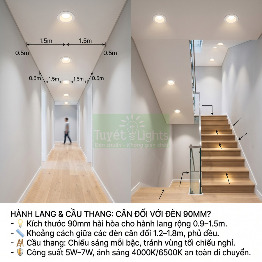 Đèn âm trần Tuyết Lights chiếu sáng hành lang và cầu thang với bố trí khoảng cách hợp lý, ánh sáng trắng an toàn