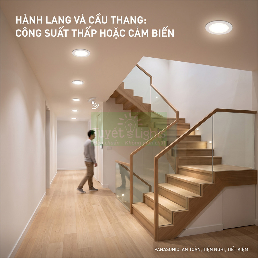 Đèn LED âm trần Panasonic cho hành lang và cầu thang gỗ hiện đại, ánh sáng trắng tiết kiệm điện