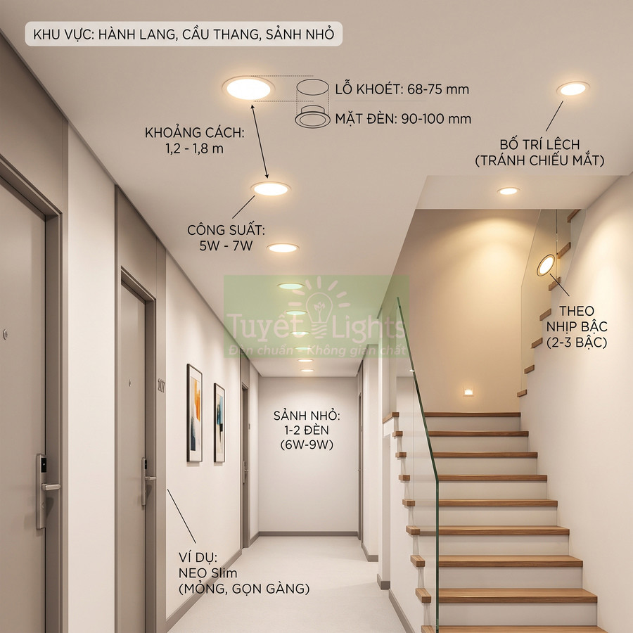 Đèn âm trần Tuyết Lights chiếu sáng hành lang và cầu thang hiện đại, bố trí đều, ánh sáng vàng ấm