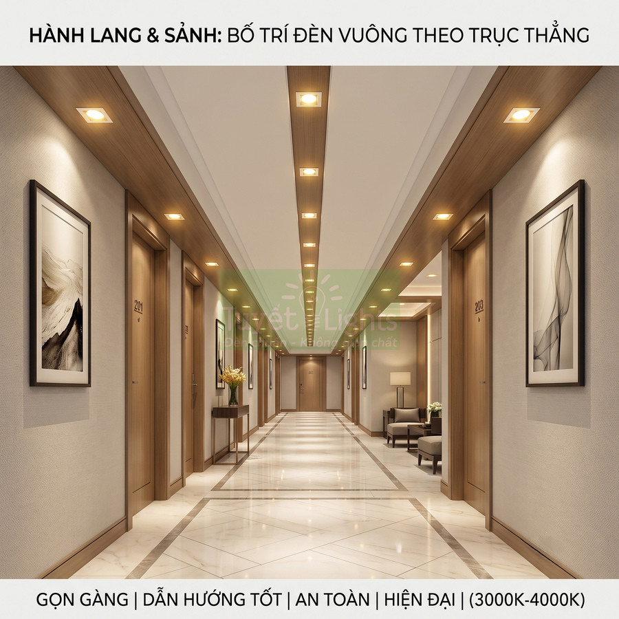 Hành lang khách sạn lắp đèn âm trần vuông ánh sáng vàng hiện đại, chiếu sáng đều lối đi