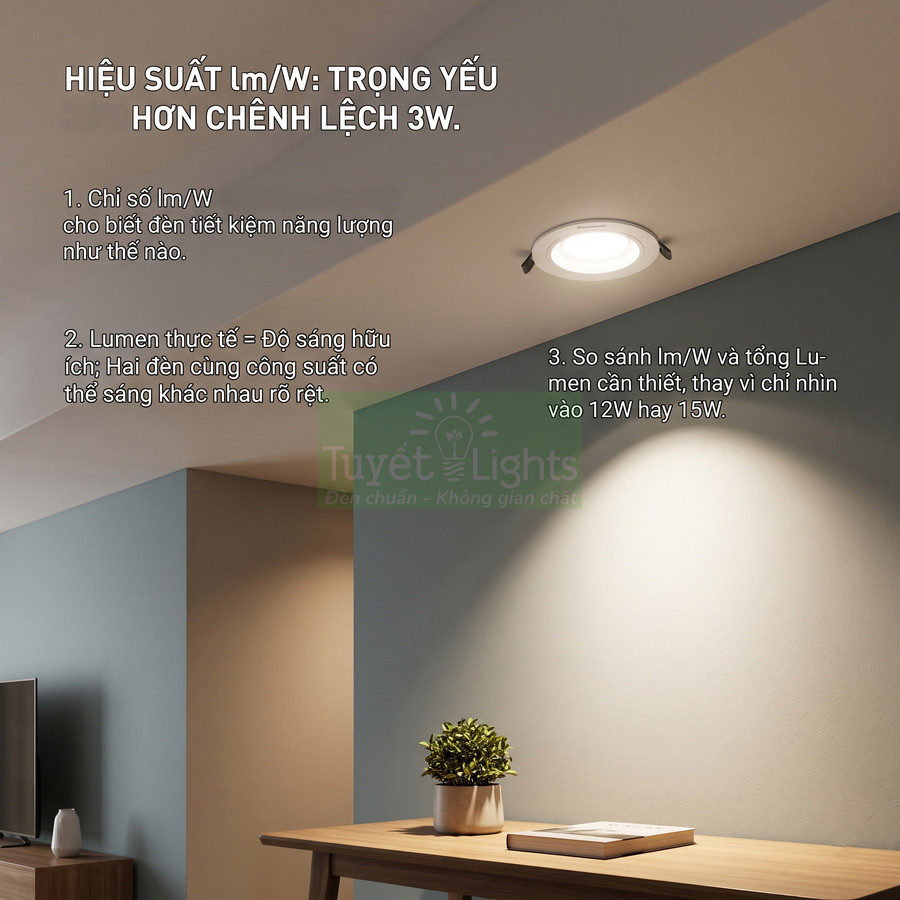 Đèn downlight âm trần Tuyết Lights chiếu sáng bàn làm việc trong phòng khách hiện đại