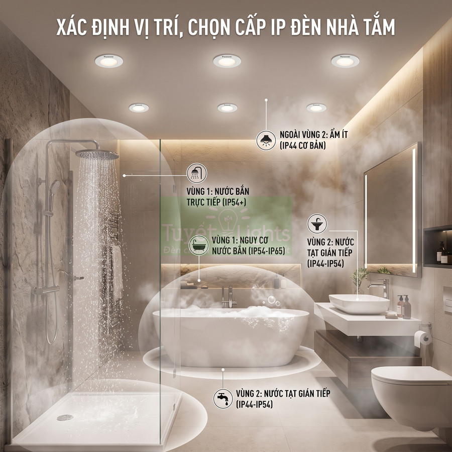 Đèn âm trần chống nước cho nhà tắm hiện đại với vòi sen, bồn tắm và gương led