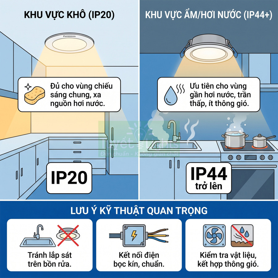 Đèn âm trần Panasonic IP20 và IP44 lắp trong bếp, minh họa vị trí dùng cho khu vực khô và khu vực ẩm hơi nước