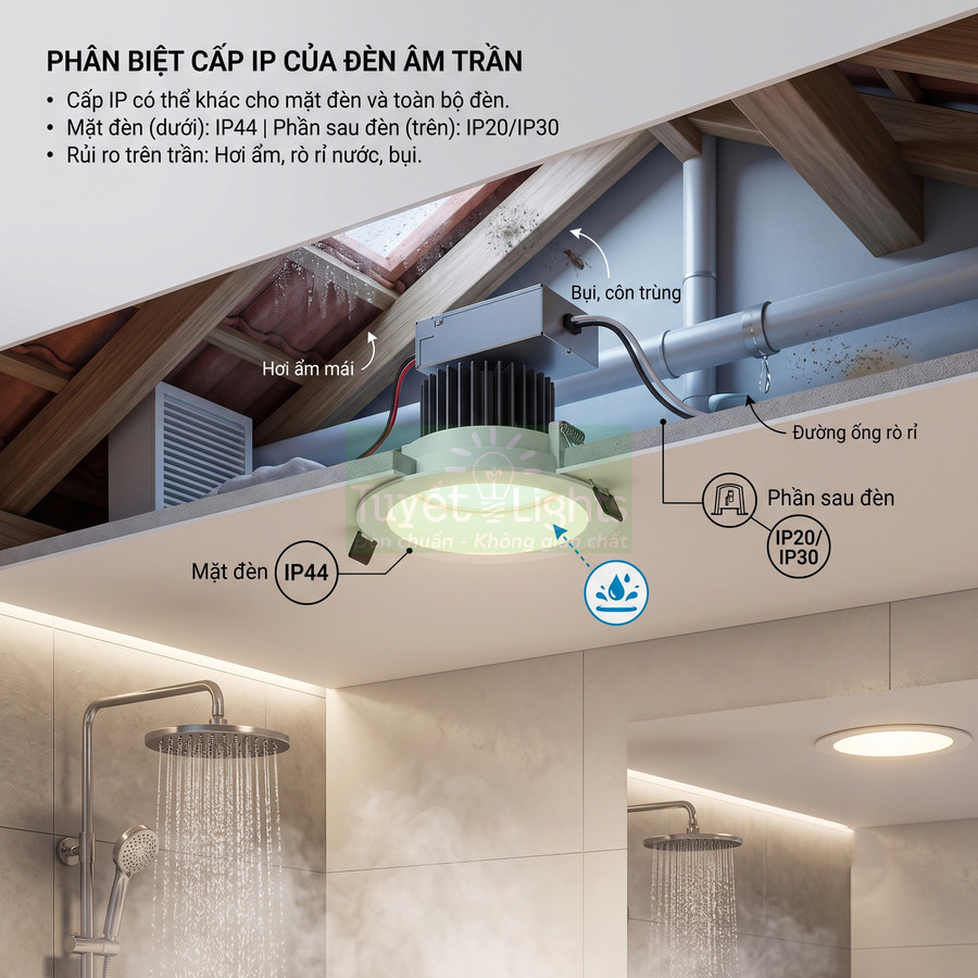 Đèn âm trần chống ẩm IP44 lắp trong trần phòng tắm, minh họa bảo vệ khỏi hơi nước và rò rỉ trên mái