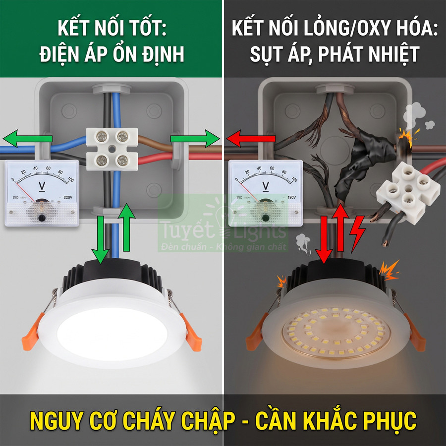 Đèn led âm trần Tuyết Lights so sánh đấu nối dây điện tốt và đấu nối lỏng gây sụt áp, phát nhiệt, nguy cơ cháy chập