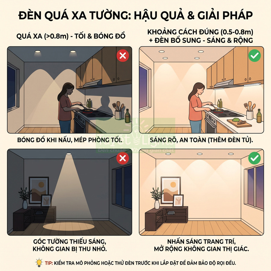 Minh họa bố trí đèn trần và đèn tủ bếp đúng khoảng cách giúp khu vực nấu ăn và phòng khách sáng đều, không bóng đổ