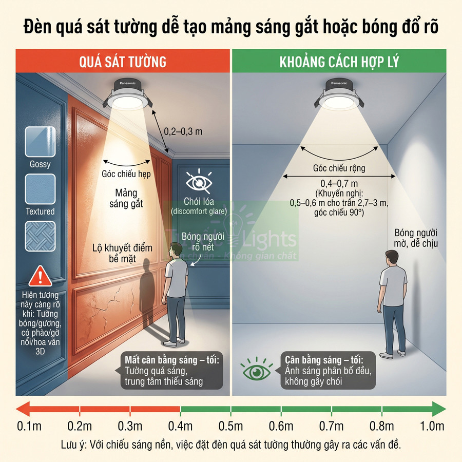 Đèn âm trần Panasonic chiếu sáng tường với so sánh khoảng cách lắp đặt quá sát và khoảng cách hợp lý