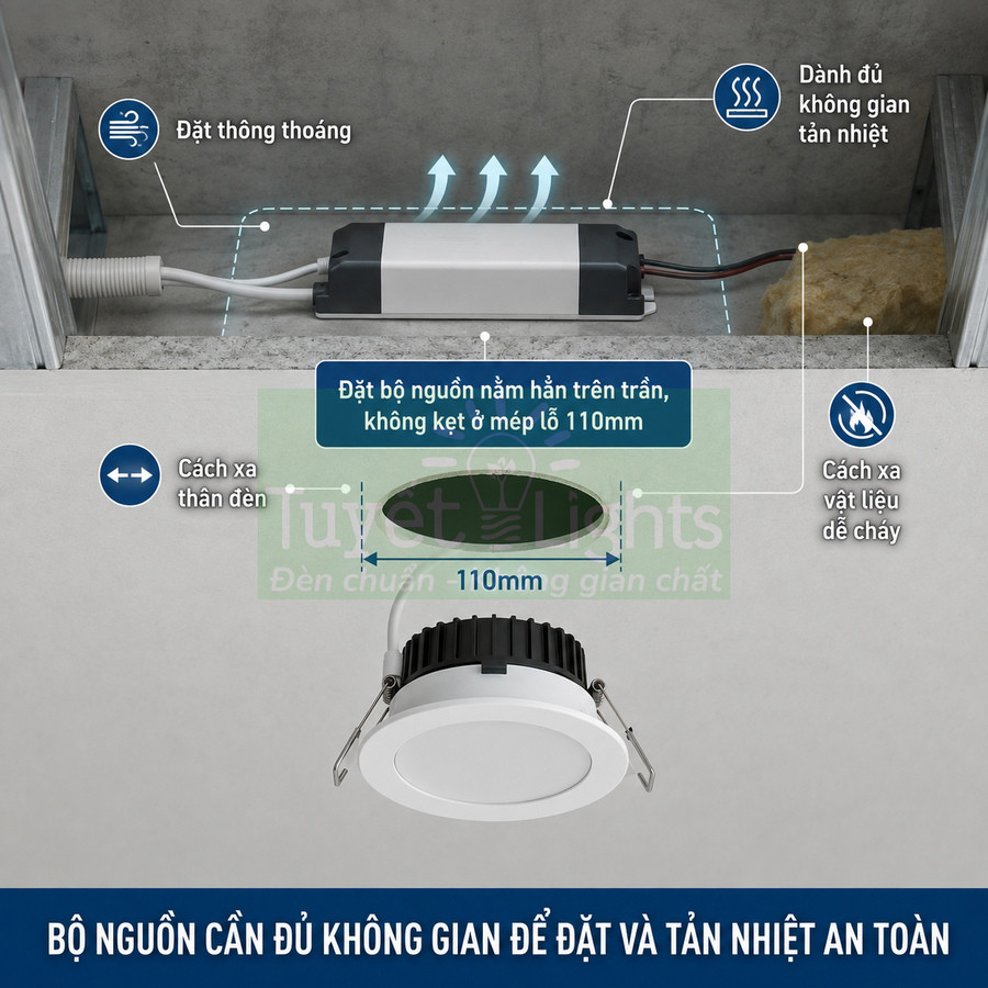 Đèn led âm trần tròn và bộ nguồn lắp trên trần với khoảng cách an toàn để tản nhiệt