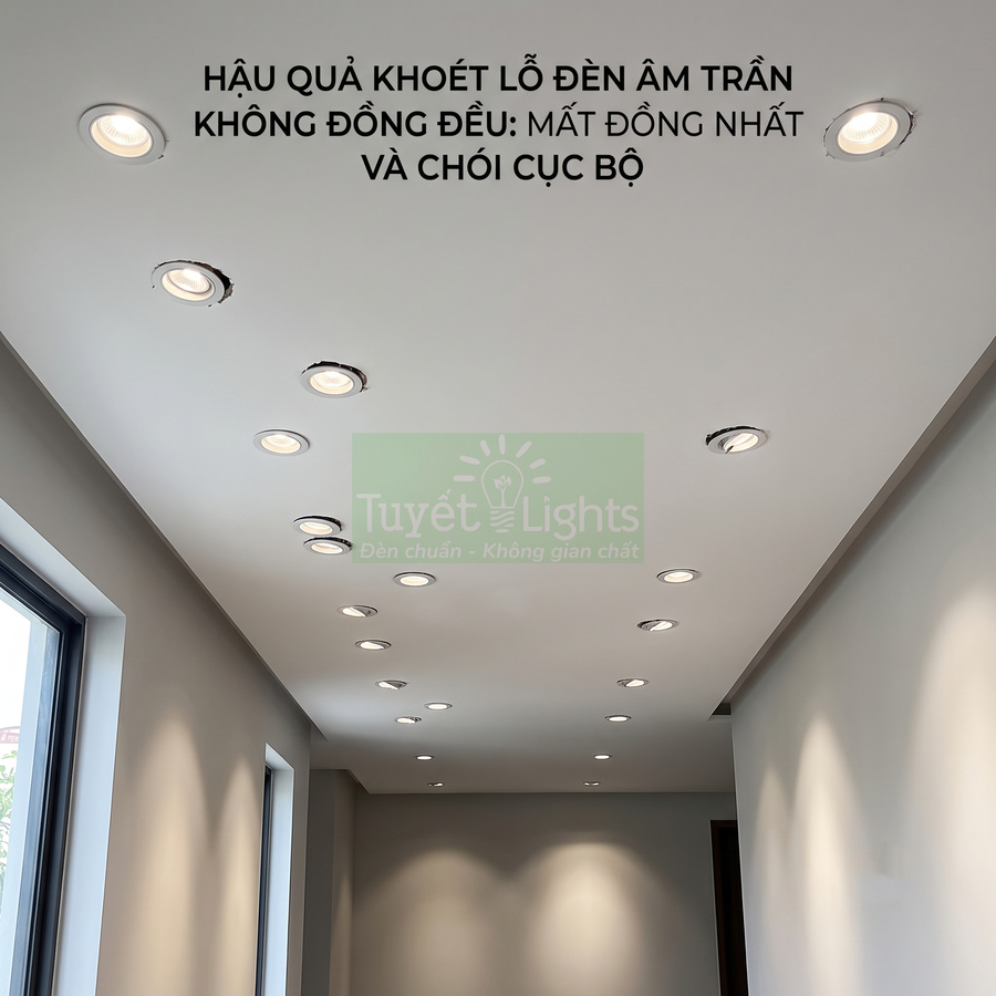 Trần nhà lắp đèn âm trần Tuyết Lights khoét lỗ không đều gây mất thẩm mỹ và chói sáng cục bộ