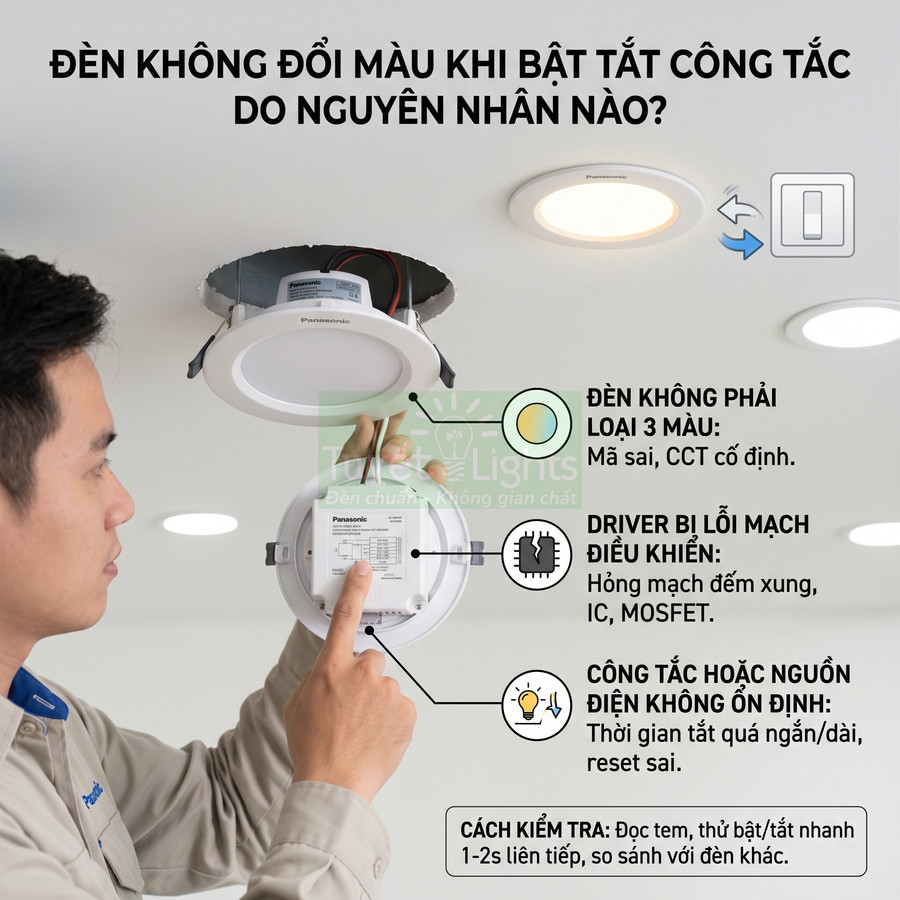Kỹ thuật viên kiểm tra đèn led âm trần Panasonic và driver lỗi không đổi màu khi bật tắt công tắc